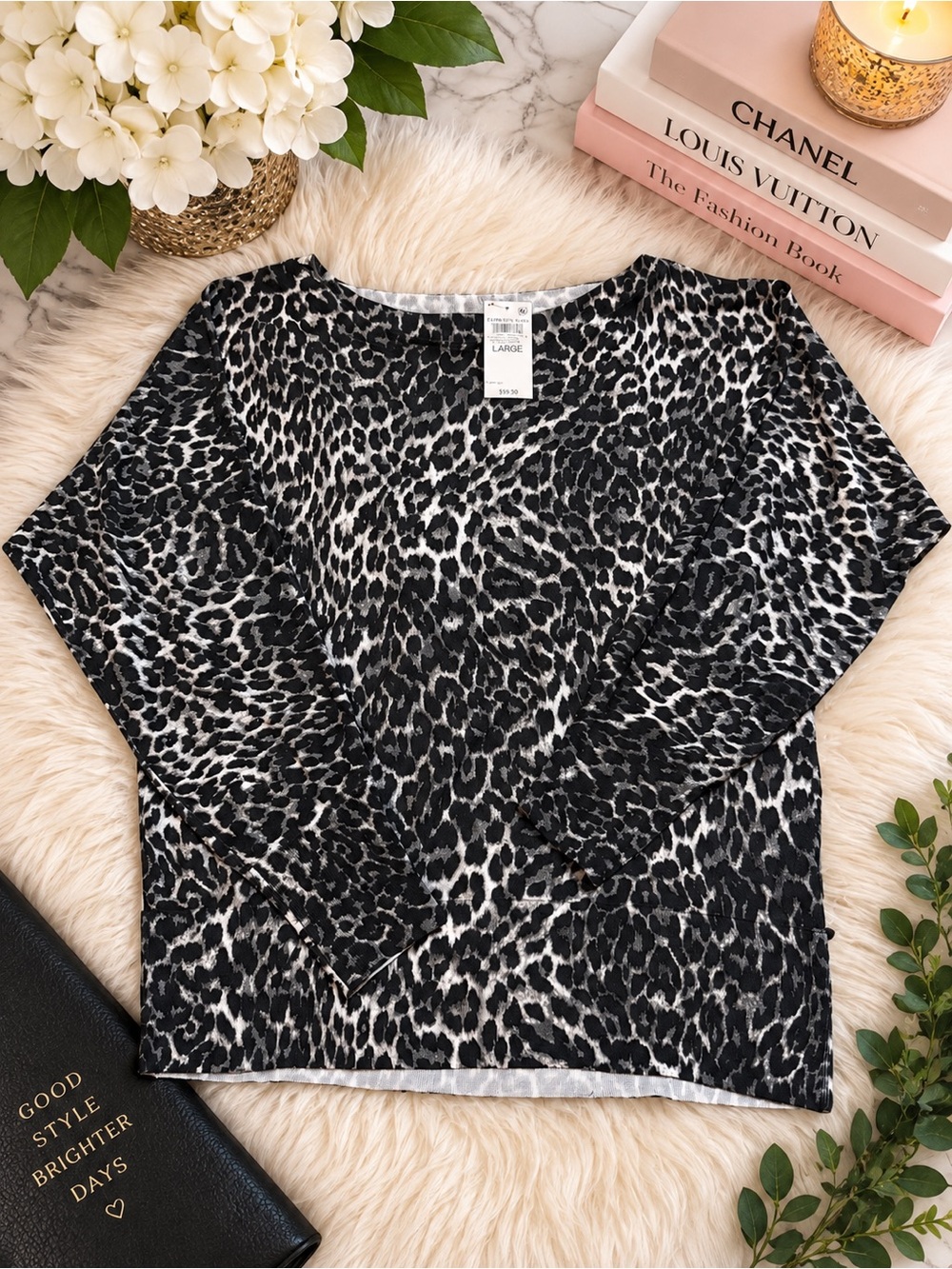 INC International Concepts Black and White Leopard Print Long Sleeve Top